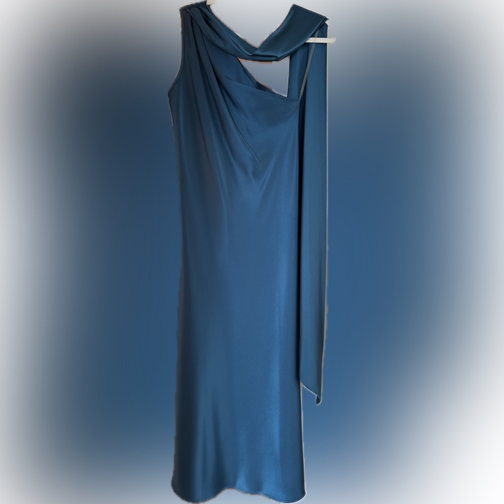 Saks Renee C. Teal Satin One Shoulder Scarf Midi Dress